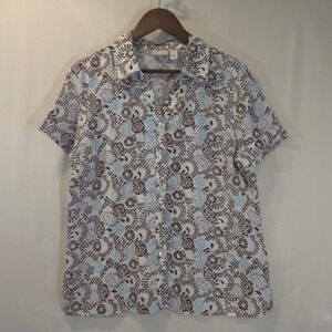 Kim Rogers Linen Blend Floral Button Up Shirt Women's Size L Brown Blue White